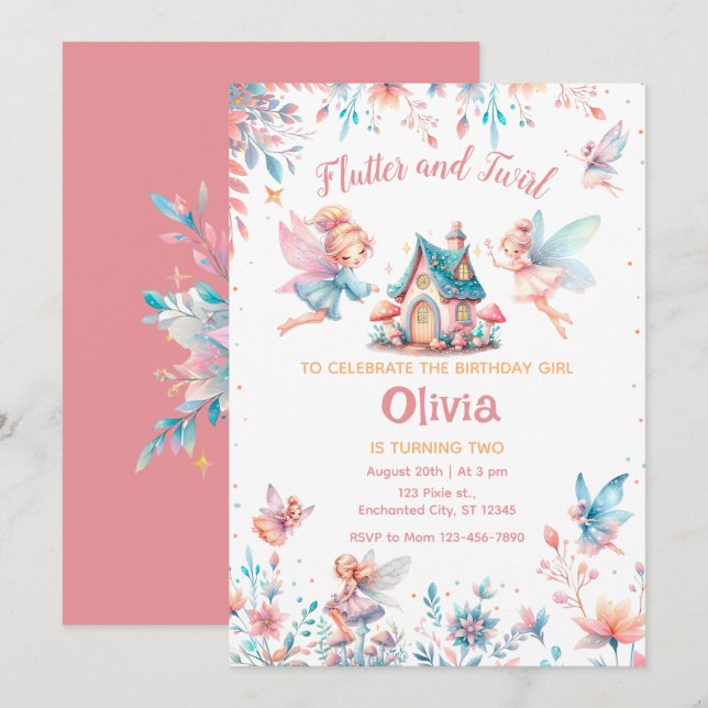 Invitation Fée magique Jardin Floral Fille Fête Anniversaire (Devant / Derrière)