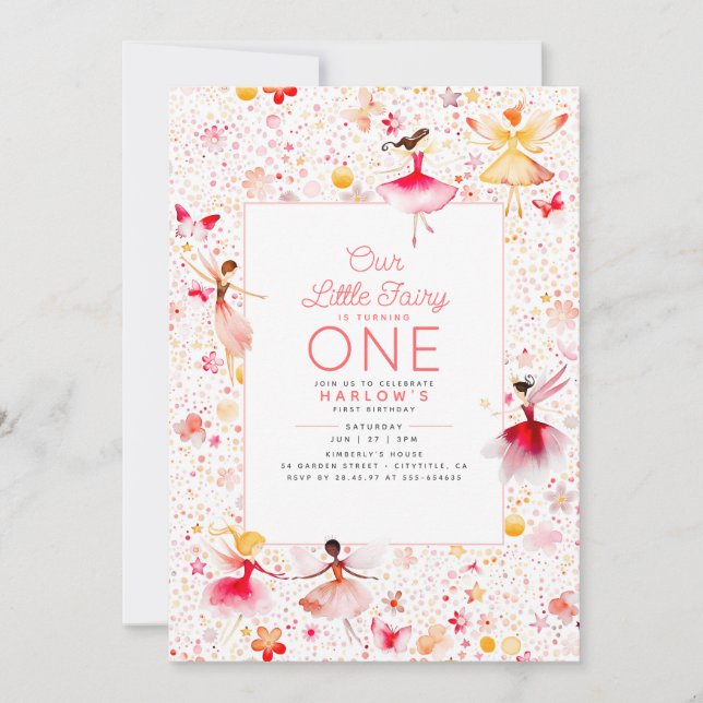 Invitation Fée magique Jardin Floral Rose Fille Anniversaire (Devant)