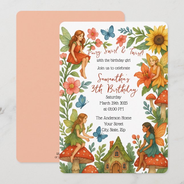 Invitation Fée magique sauvage Jardin fête d'anniversaire - (Devant / Derrière)