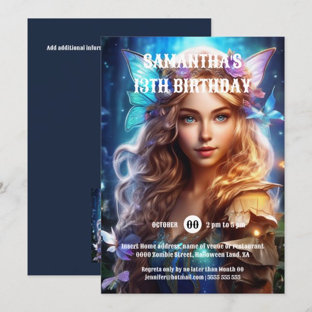 Invitation Fée papillon princesse cheveux brun filles imagina (Devant / Derrière)