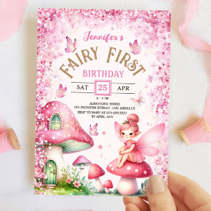 Invitation Fée Premier anniversaire fille 1ère Fée Forêt rose