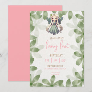 Invitation Fée Premier Anniversaire Forêt Aquarelle Champigno
