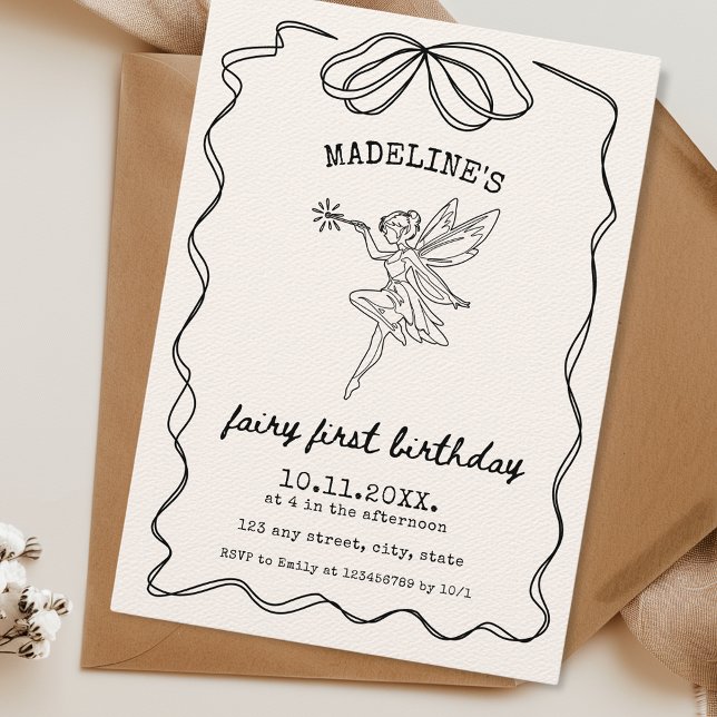 Invitation Fée Premier anniversaire main illustrée minimalist (Hand Drawn Fairy First Birthday Invitation Hand Illustrated Bow Minimalist)