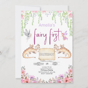 Invitation Fée Premier Anniversaire Princesse Floral Aquarell