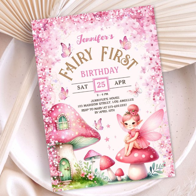 Invitation Fée Première Fille Anniversaire Pink Enchanted For (Créateur téléchargé)