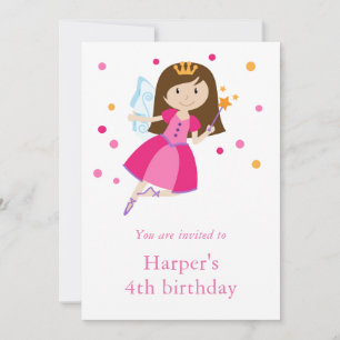 Invitation Fée princesse rose de fille 4e anniversaire