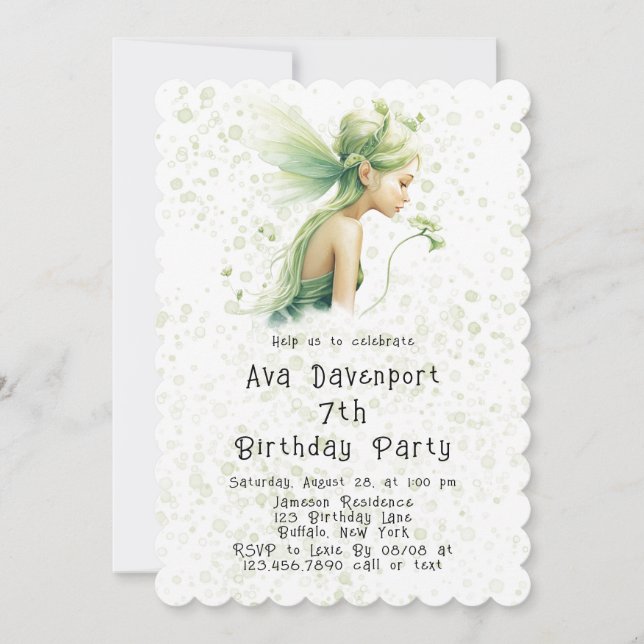 Invitation Fée verte légère Fée Fille fête d'anniversaire (Devant)