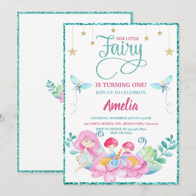 Invitation Fée Whimsical Premier Anniversaire Magique (Devant / Derrière)