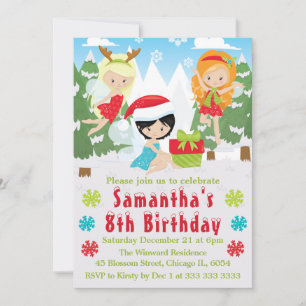 Invitation Fées de Noël Festives Scène d'Hiver Anniversaire