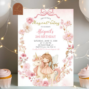 Invitation Fées et Licornes Coquettes avec Ruban Rose Anniver