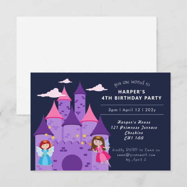 Invitation Fées magiques mignonnes & Castle Girl 4e anniversa (Devant / Derrière)