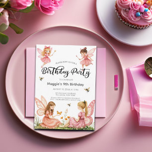 Invitation Fées roses Woodland 9e fête d'anniversaire