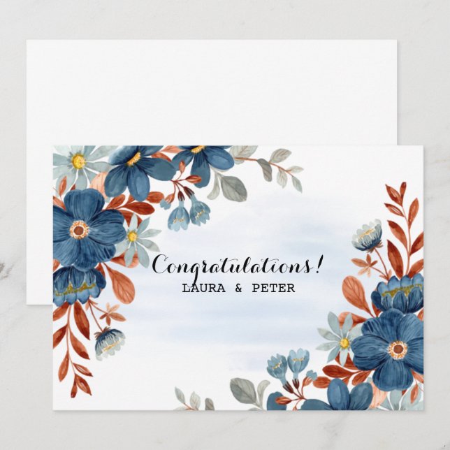 Invitation Félicitations florales aquarelle bleue et marron (Devant / Derrière)