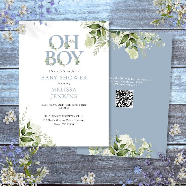 Invitation Félicitations Garçon Verdure Bleu Poussiéreux Code (Oh Boy Greenery Dusty Blue QR Code Baby Shower Invitation)