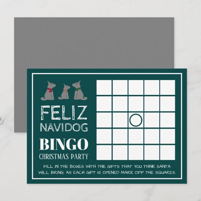 Invitation Feliz Navidog, Bingo de la fête de Noël espagnole (Devant / Derrière)