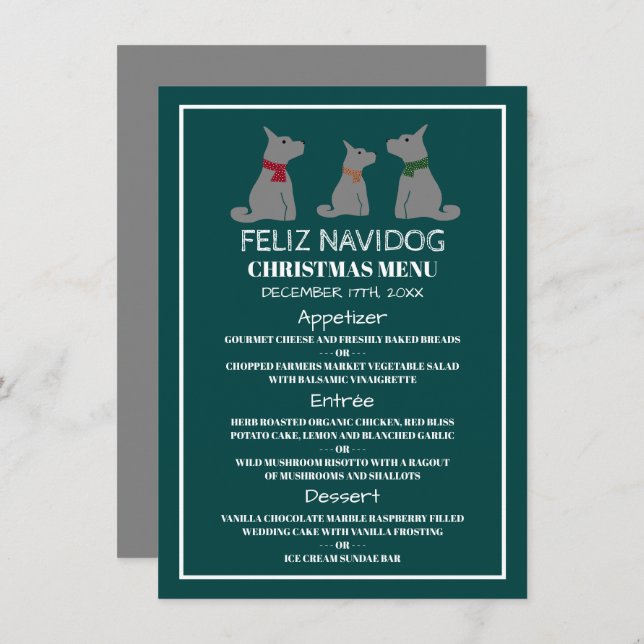 Invitation Feliz Navidog, Menu de Noël de style espagnol (Devant / Derrière)