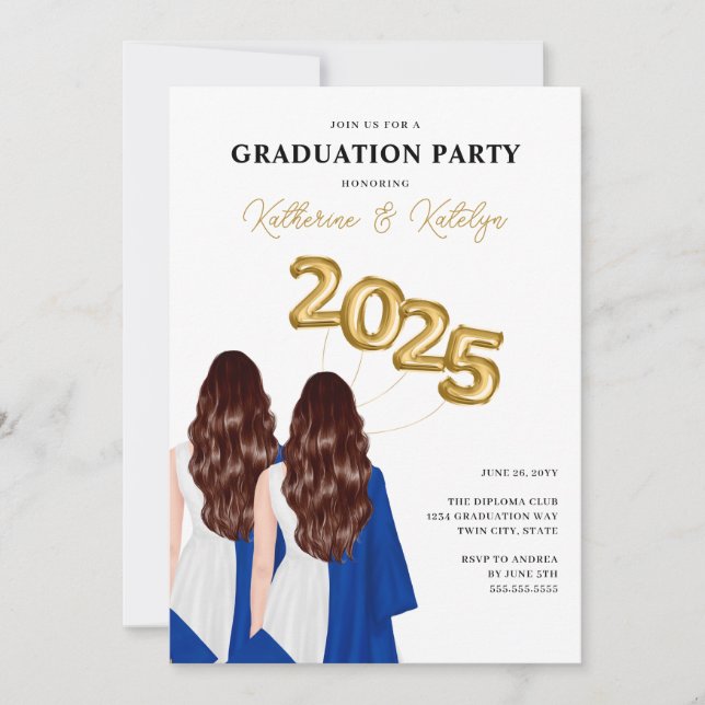 Invitation Female Twins Portrait Graduation Party (Devant)