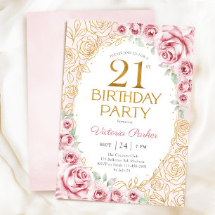 Invitation Féminin Rose Pâle Doré Anniversaire 21 Ans Floral