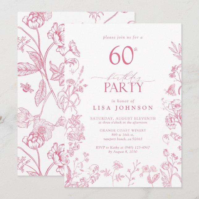 Invitation Feminine 60e fête d'anniversaire rose Victorian Fl (Devant / Derrière)