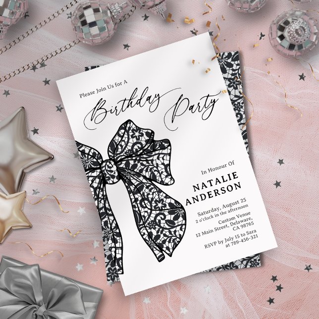 Invitation Feminine Black Florale dentelle Bow fête d'anniver (Feminine Black Floral Lace Bow Birthday Party Invitation)