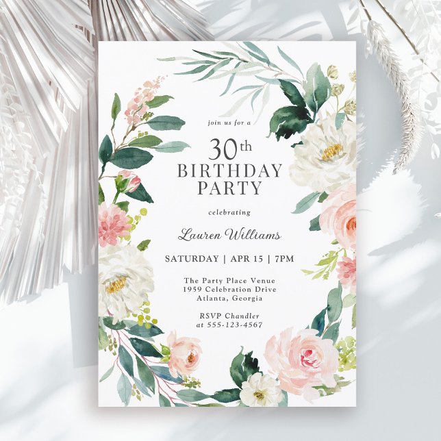 Invitation Feminine Blush Rose Floral 30e fête d'anniversaire (Available in both printed and instant download digital formats.)