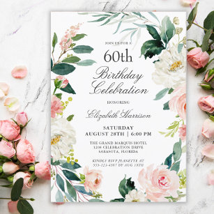 Invitation Feminine Blush Rose Floral 60e fête d'anniversaire