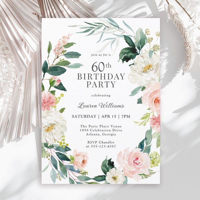 Invitation Feminine Blush Rose Floral 60e fête d'anniversaire (Available in both printed and instant download digital formats.)