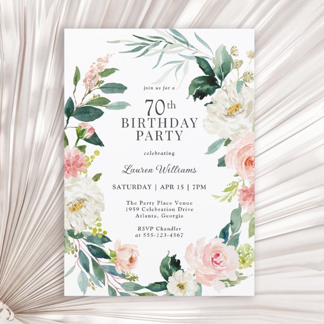 Invitation Feminine Blush Rose Floral 70e fête d'anniversaire (Available in both printed and instant download digital formats.)