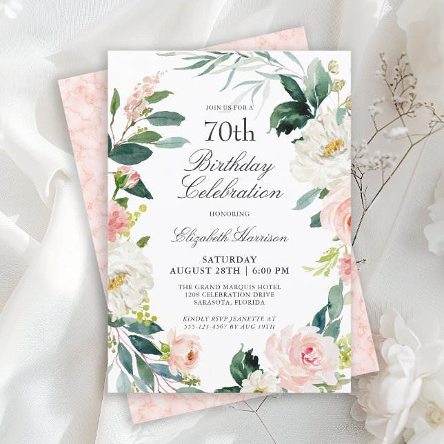 Invitation Feminine Blush rose Floral 70e fête d'anniversaire (Available in both printed and instant download digital formats.)