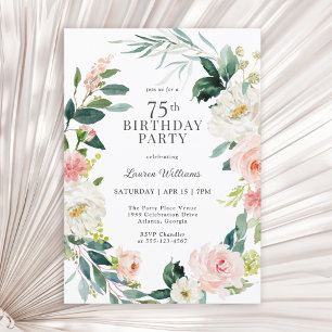 Invitation Feminine Blush Rose Floral 75e fête d'anniversaire