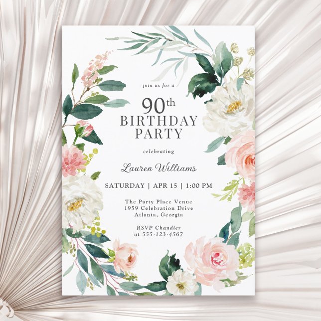Invitation Feminine Blush Rose Floral 90e fête d'anniversaire (Available in both printed and instant download digital formats.)