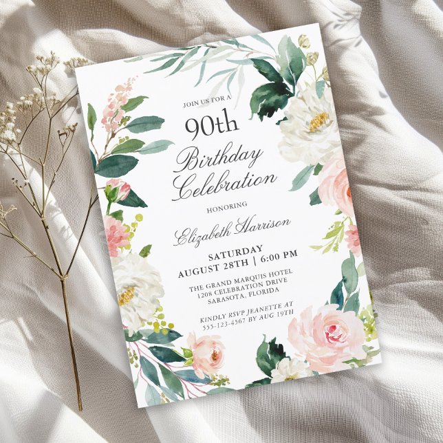 Invitation Feminine Blush Rose Floral 90e fête d'anniversaire (Available in both printed and instant download digital formats.)