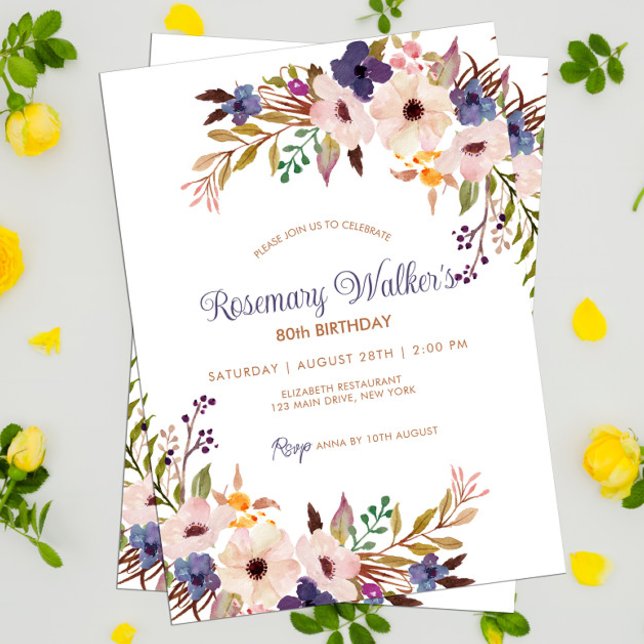 Invitation Feminine Floral Adulte Feminine 80e anniversaire B (Floral Adult Birthday Invitation Template 80th Birthday Boho Style)