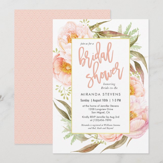 Invitation Feminine Pink Peonies Fête des mariées florale (Devant / Derrière)