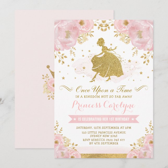 Invitation Feminine Princess Cinderella Or rose Anniversaire (Devant / Derrière)