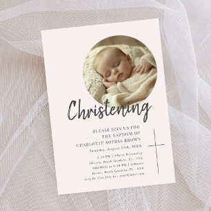Invitation Feminine rose Christening Girly Baby Photo Baptême