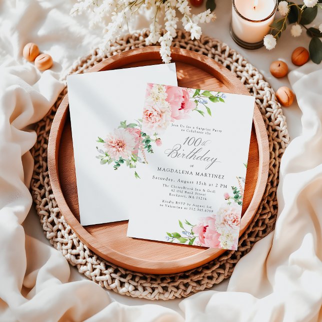 Invitation Feminine Rose Floral 100e anniversaire Surprise Pa (Créateur téléchargé)