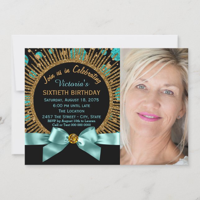 Invitation Femme 60e anniversaire Turquoise bleu et or photo  (Devant)