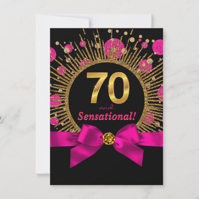 Invitation Femme 70e anniversaire fête Hot rose et or (Devant)