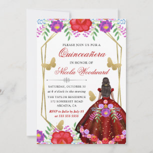 Invitation Femme à peau foncée Robe florale mexicaine Quincea