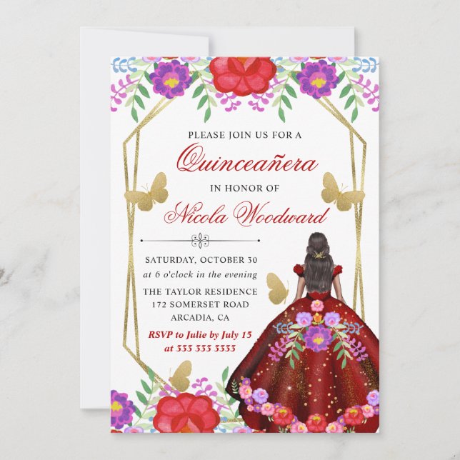Invitation Femme à peau noire Mexicaine Robe Florale Quinceañ (Devant)