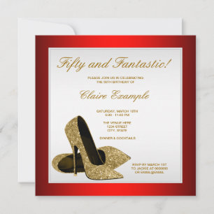 Invitation Femme à talons rouges et or 50e anniversaire