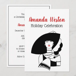 Invitation Femme Art Déco avec grand chapeau gants Noël Xmas 