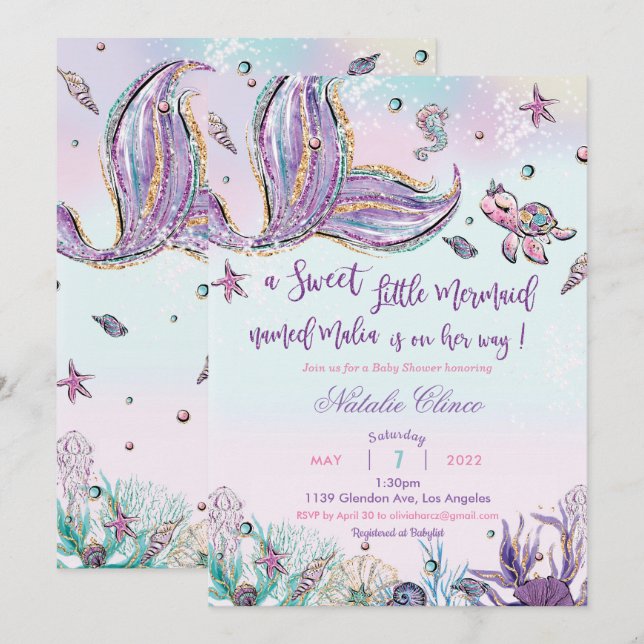 Invitation Femme Baby shower de sirène fille bébé (Devant / Derrière)