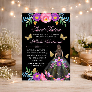 Invitation Femme brune en robe florale mexicaine Sweet 16