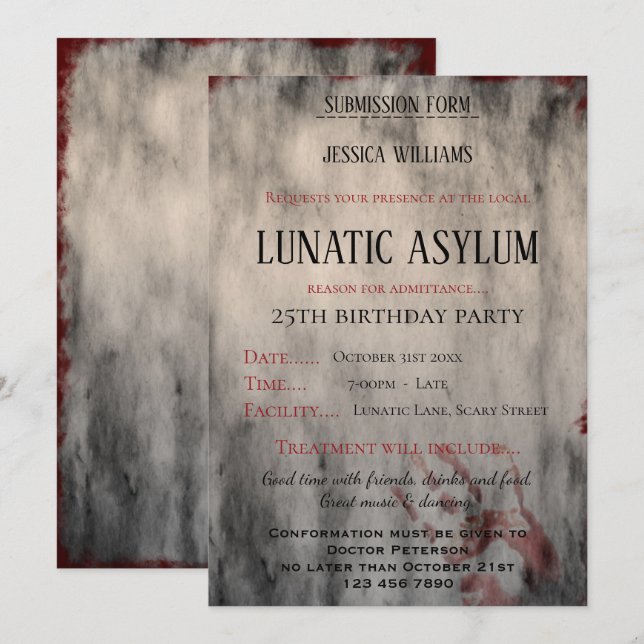 Invitation Femme d'asile fol, fête d'anniversaire de s (Devant / Derrière)