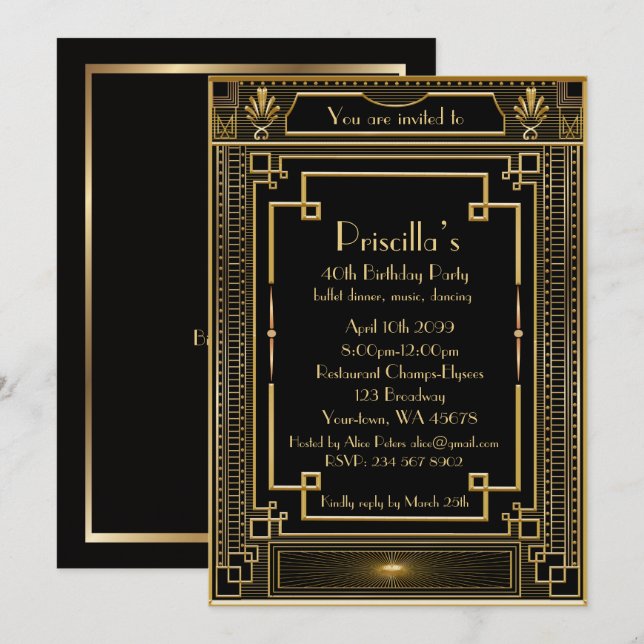 Invitation Femme de fête d'anniversaire, style de Gatsby (Devant / Derrière)