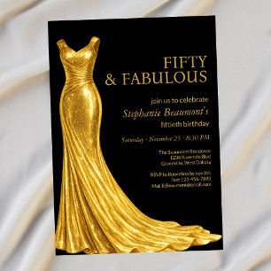 Invitation Femme Élégante Robe Dorée Fabuleuse 50e Anniversai