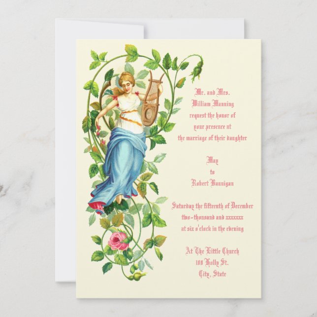 Invitation Femme et harpe victorienne avec Mariage Rose (Devant)