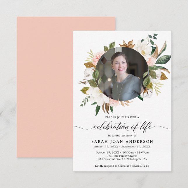 Invitation Femme Fête de la vie Magnolia avec photo (Devant / Derrière)